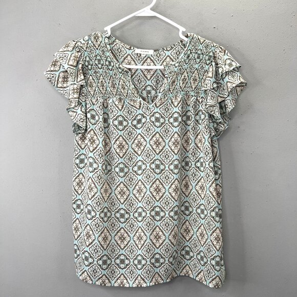 Pleione Blouse Pullover Top L Blue Beige Medallion Print Ruffle Flutter Sleeve - Picture 1 of 6